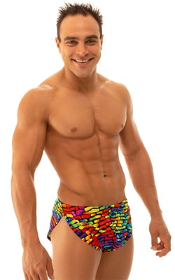 mens sexy swimsuit bikini cover up split shorts in Tan Through Technicolor
